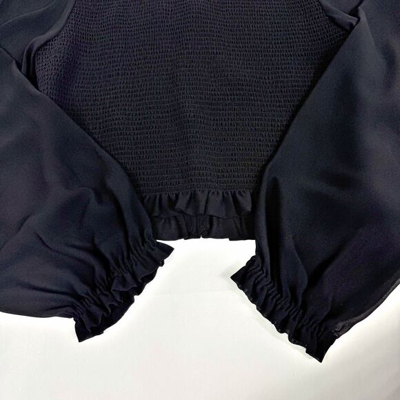Aritzia Wilfred Tempest Blouse Sheer Long Sleeve Black Smocked Cropped Medium - Picture 6 of 13
